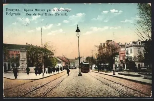 AK Belgrade, Rue de Roi Milan (Terazié), Strassenbahn