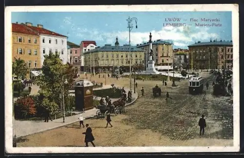 AK Lwów / Lemberg, Place Maryacki, Strassenbahn auf dem Marien-Platz, Pferdekutsche