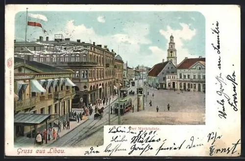 AK Libau, Makrtplatz mit Strassenbahn
