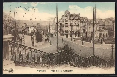 AK Verviers, Rue de la Conorde, Strassenpartie mit Strassenbahn