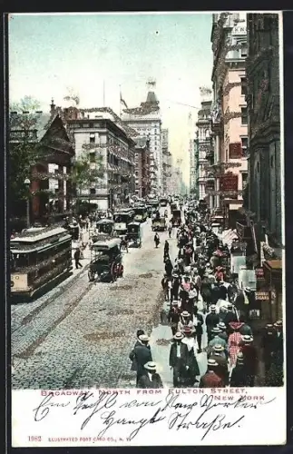 AK New York City, NY, Broadway North from Eulton Street, Strassenbahn