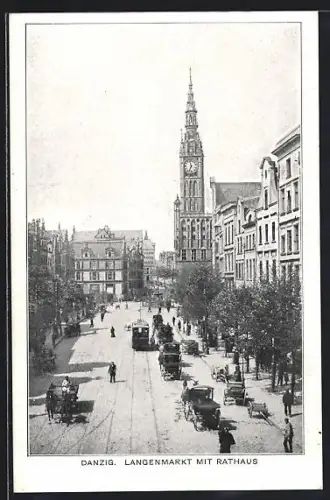 AK Danzig, Langenmarkt mit Rathaus und Strassenbahn