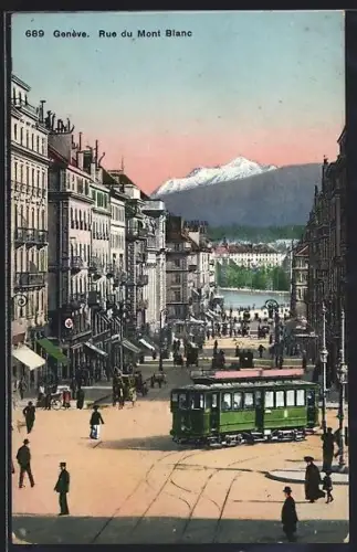 AK Genève, Rue du Mont Blanc, Strassenpartie mit Strassenbahn