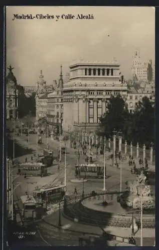 AK Madrid, Cibeles y Calle Alealá, Strassenbahn