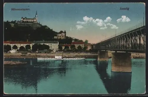 AK Aussig, Elbufer mit Dampfer, Höhenrestaurant & Brücke