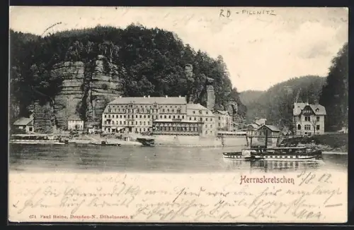 AK Herrnskretschen / Hrensko, Ort vom Wasser aus gesehen, Dampfer