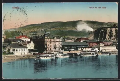 AK Aussig / Usti, Partie an der Elbe, Schiffe