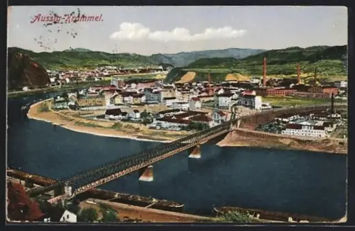 AK Aussig / Usti, Blick über den Ort mit Brücke