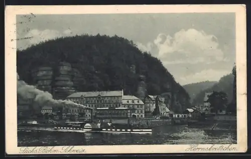 AK Herrnskretschen, Ortsansicht, Dampfer Saxonia