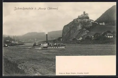 AK Schreckenstein b. Aussig, Blick zur Burg mit Dampfer