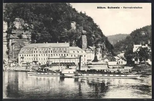 AK Herrnskretschen /Böhm. Schweiz, Panorama mit Dampfer