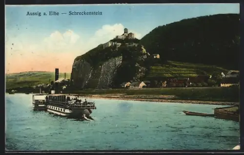 AK Aussig a. Elbe, Burg Schreckenstein mit Dampfer