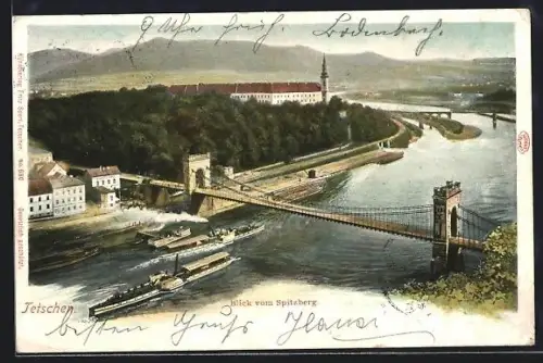 AK Tetschen-Bodenbach / Decin, Blick vom Spitzberg auf Brücke
