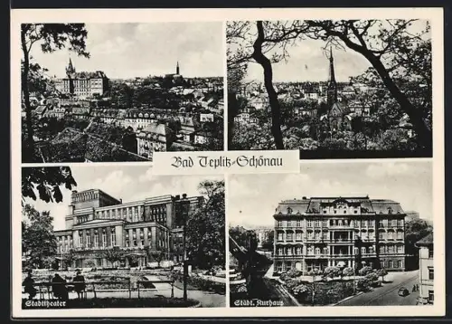 AK Bad Teplitz-Schönau, Städtisches Kurhaus, Stadttheater, Teilansicht mit Kirche