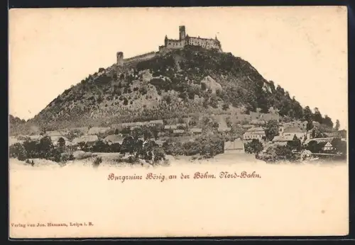 AK Bösig an der Böhm. Nord-Bahn, Blick zur Burgruine