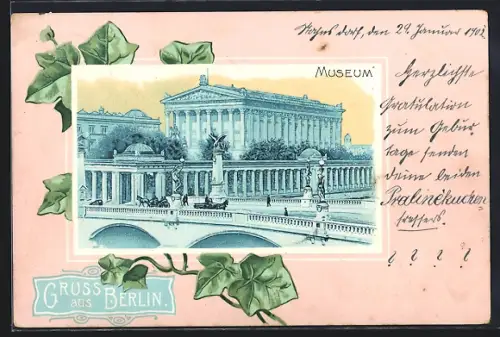 Lithographie Berlin, Nationalgalerie, gerahmt von Efeu