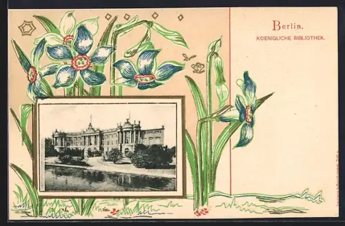Lithographie Berlin, Königliche Bibliothek Unter den Linden, Glockenblumen