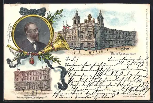 Lithographie Berlin, Neues Reichspostamt, Porträt Dr. v. Stephans, Sterbehaus Leipziger Str. 15