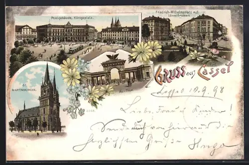 Lithographie Kassel, Postgebäude am Königsplatz, Au-Tor, St. Martinskirche