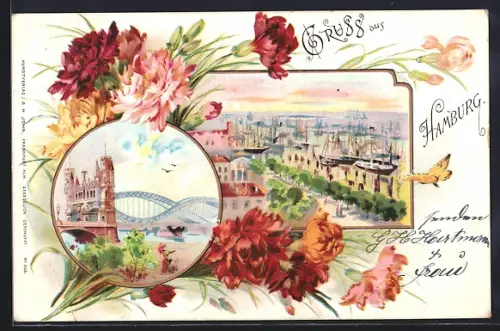 Lithographie Hamburg, Landungsbrücken mit Blumendekor