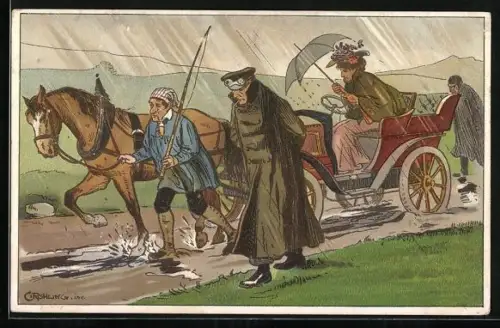 Künstler-AK Fahruntüchtiges Auto wird bei Regenwetter von Pferd abgeschleppt