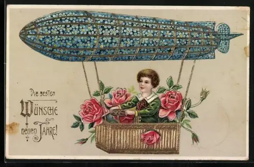 AK Aus Blüten gebildeter Zeppelin mit Kind in der Gondel