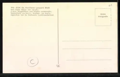 AK De Havilland Leopard Moth Flugzeug mit Kennung PH-FDK und 130-PS Motor