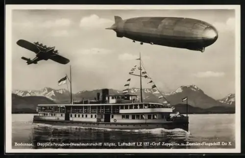 AK Bodensee, Doppelschrauben-Dieselmotorschiff, Luftschiff LZ 127 Graf Zeppelin u. Dornier Flugschiff Do X