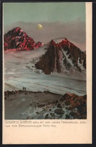 Lithographie Schwarze Scneide, Panorama mit dem linken Fernerkogel bei Mondschein von der Braunschweiger Hütte aus
