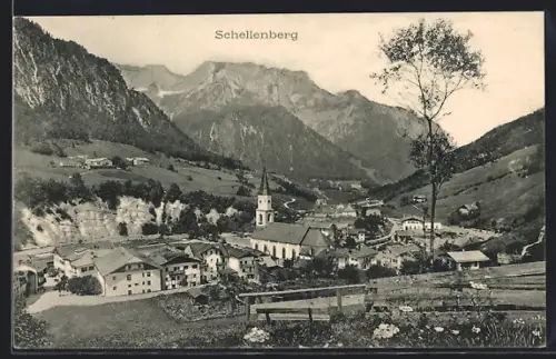 AK Schellenberg / Obb., Ortsansicht mit Kirche und Bergen