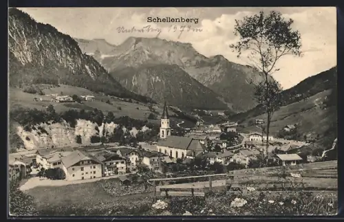 AK Schellenberg / Obb., Ortsansicht mit Kirche und Alpenpanorama