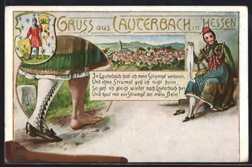 Künstler-AK Lauterbach / Hessen, Gesamtansicht, Wappen, Strumpflose Maid