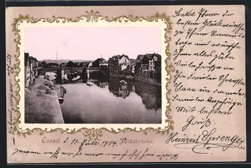 Lithographie Cassel, Fuldabrücke, Passepartout