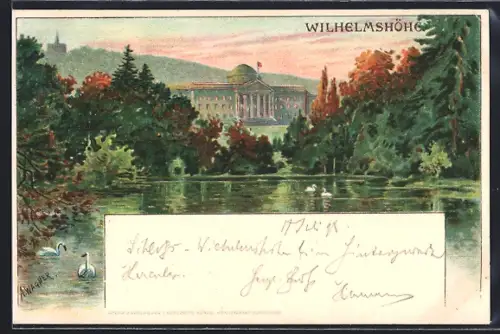 Künstler-AK Wilhelmshöhe, Blick auf das Schloss Wilhelmshöhe mit Teich