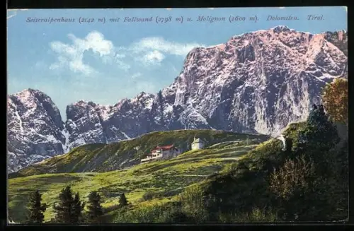 AK Seis am Schlern, Seiser Alpenhaus, Ansicht mit Fallwand und Molignon