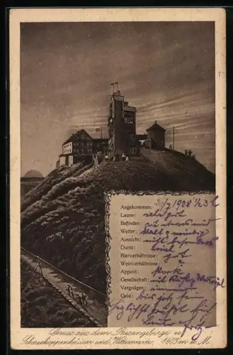 AK Schneekoppenhäuser /Riesengebirge, Schneekoppe mit Wetterwarte