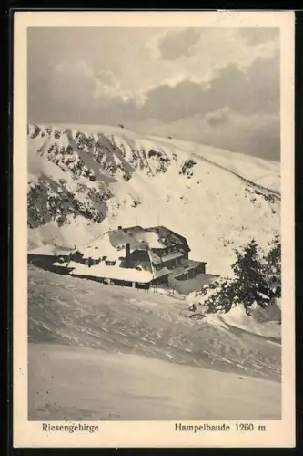 AK Hampelbaude /Riesengebirge, Baude im Schnee