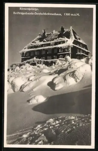 AK Reifträgerbaude /Riesengebirge, Deutschböhmerhaus, Berghütte im Schnee