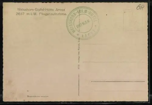 AK Weisshorngipfel-Hütte, Fliegeraufnahme der Berghütte