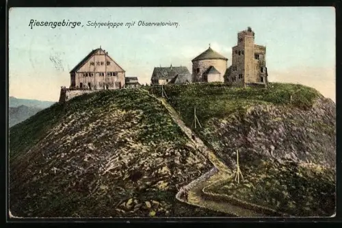 AK Schneekoppe /Riesengebirge, Schneekoppe mit Observatorium