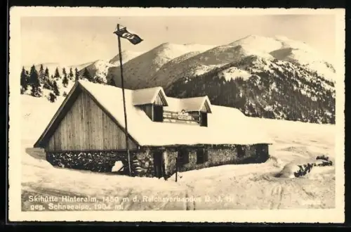 AK Mürzsteg, Skihütte Hinteralm des Reichsverbandes DJH, Ansicht gegen Schneealpe, Winteransicht