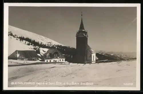 AK Gleinalmhaus, Berghütte und Kirche im Schnee