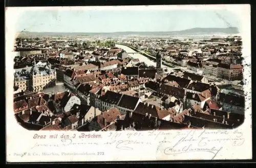 AK Graz, Ortsansicht mit den drei Brücken