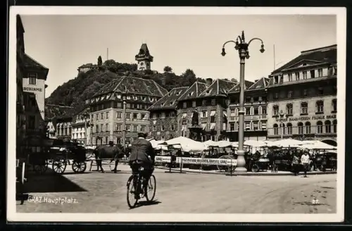 AK Graz, Hauptplatz am Markttag, Cafe Nordstern, Wiener Bankverei, Radfahrer