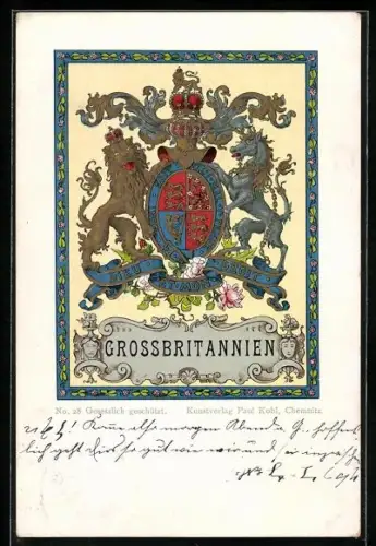 Lithographie Grossbritannien, Löwe und Pferd mit Wappen