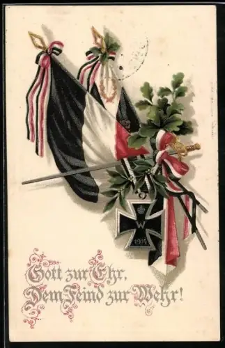 AK Gott zur Ehr, Dem Feind zur Wehr!, Reichsfahnen, Eichenlaub, Eisernes Kreuz