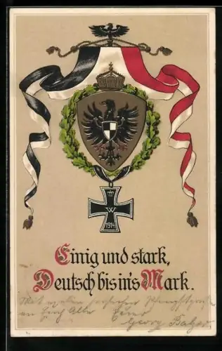 AK Einig und stark..., Wappen und Eisernes Kreuz