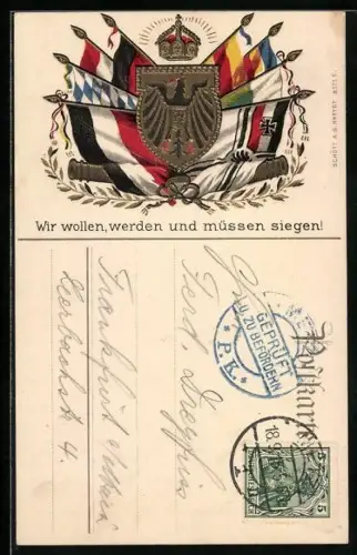 AK Wappen mit Krone und Fahnen