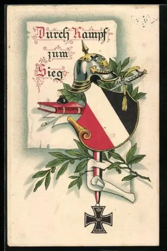 AK Pickelhaube mit Wappen und Eisernes Kreuz