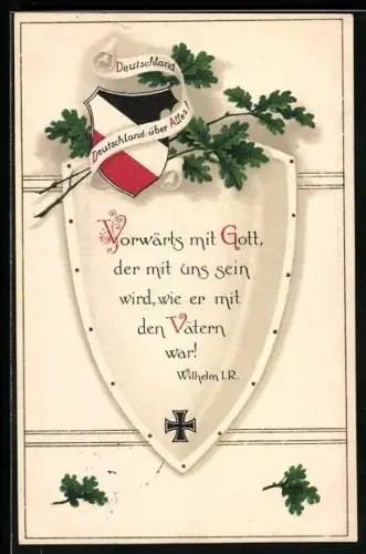 AK Schild mit Spruch, Wappen, Eichenäste, Eisernes Kreuz